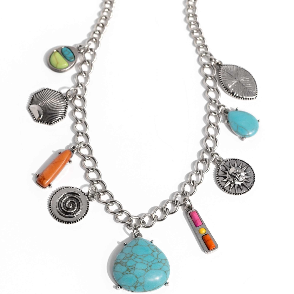 Silver Charm Necklace with Turquoise and Orange Accents Desert Getaway Multi